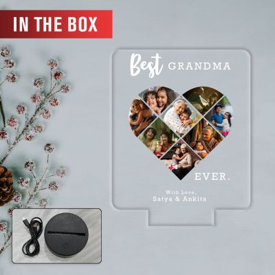 Personalized Best Grandma Ever LED Night Light, Heart Photo Collage Frame with Warm White Light Memorable Gift for Dadi Maa Surprise Gift for Dadi